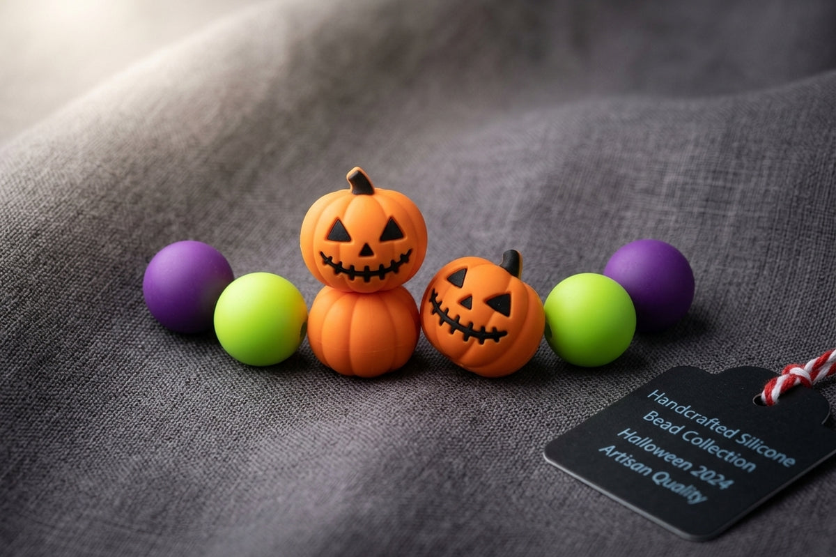 Halloween Green and Purple Beads with Lack-o-Lantern Embellishment