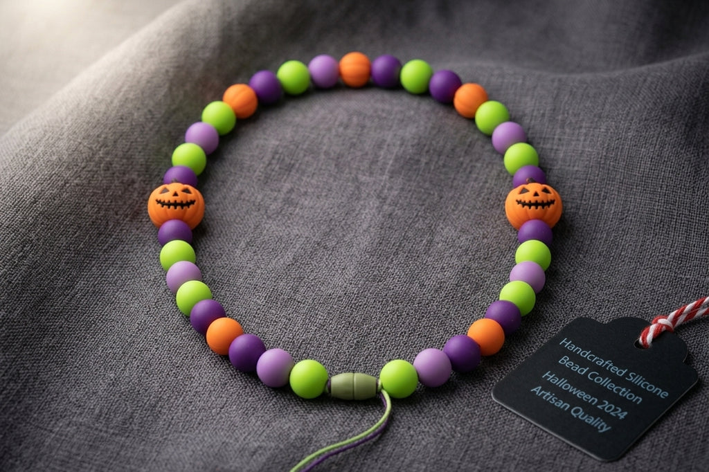 Halloween Green and Purple Beads with Lack-o-Lantern Embellishment