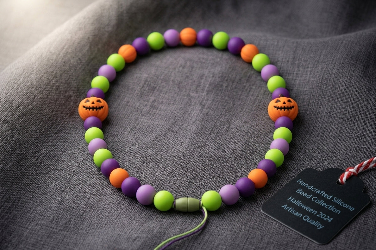 Halloween Green and Purple Beads with Lack-o-Lantern Embellishment